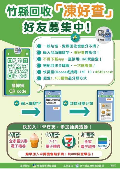 新竹縣環保局「竹縣回收凍好查」，便利的回收分類查詢功能的LINE平台服務圖片